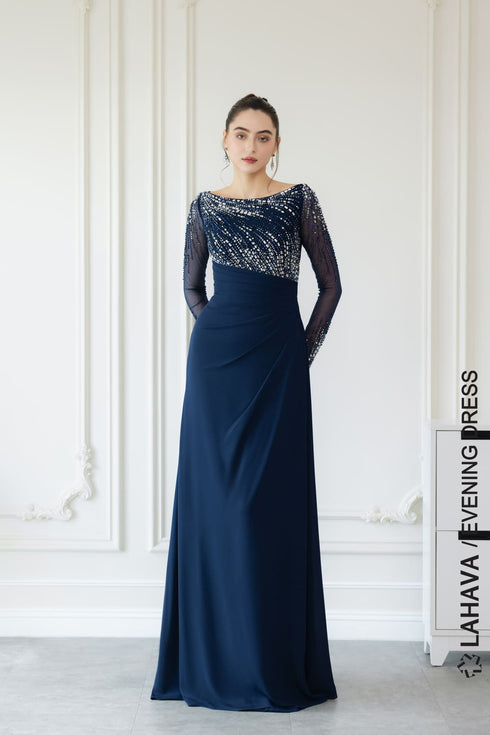 Pleated skirt beaded evening gown